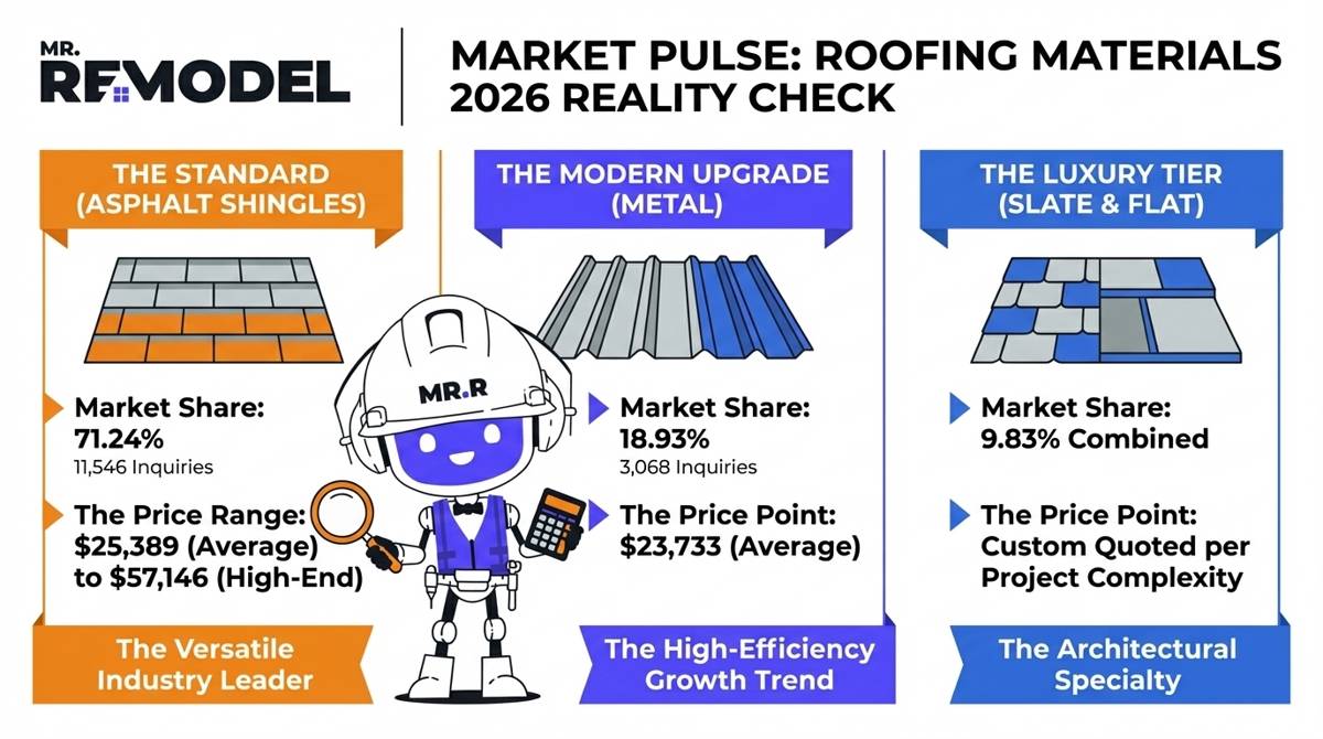 A 2026 roofing market share infographic showing that asphalt shingles dominate with 71.24% of the market and a $25,389 average price, while metal roofing captures 18.93% at a $23,733 average.